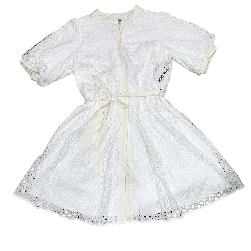 NWT Nine West Plus 0X / XXL Eyelet Fit & Flare Puff Sleeve White Ivory Dress - Picture 2 of 7